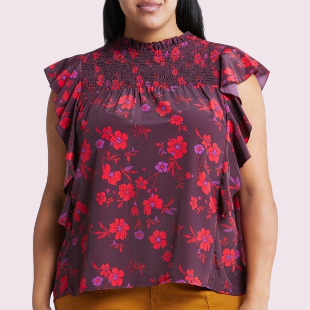 NEW Sanctuary Lily Red Floral Smocked Flutter Sleeve Office Top Plus Size 2X